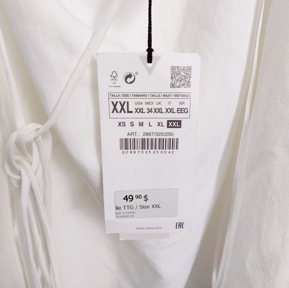 Zara Women's White Linen Blend Dress Size XXL Puff Sleeve Ruched Square Neck NEW - Picture 3 of 13